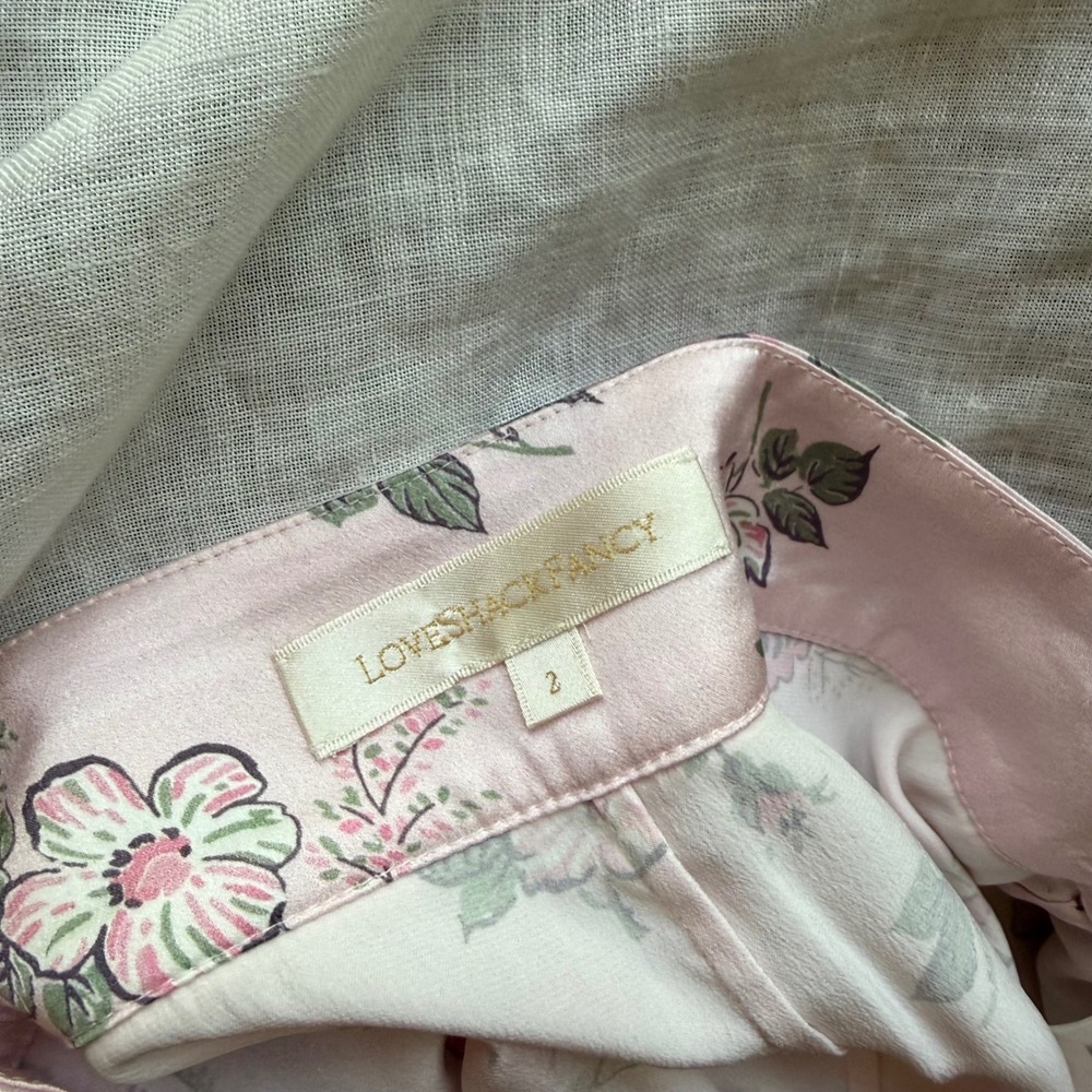 LOVESHACKFANCY pink silk floral wide straight leg cropped pants - Picture 6 of 7